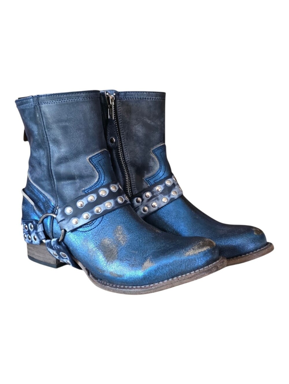 Freebird By Steven Metallic Blue Leather Harness Ramone Boots - Picture 4 of 11